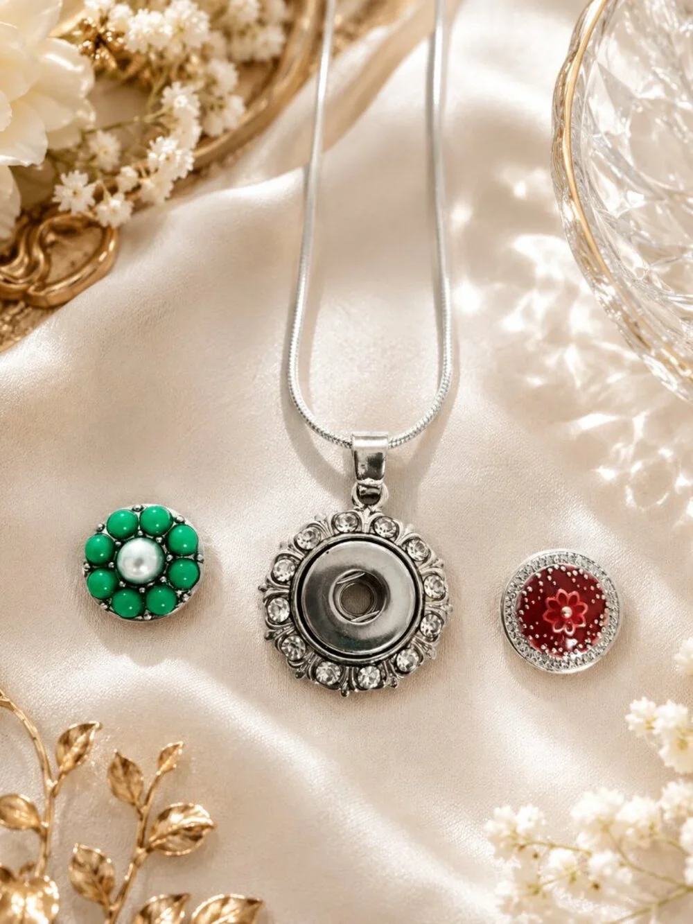 Silver Rhinestone Snap Necklace Green Pearl & Red Flower Interchangeable